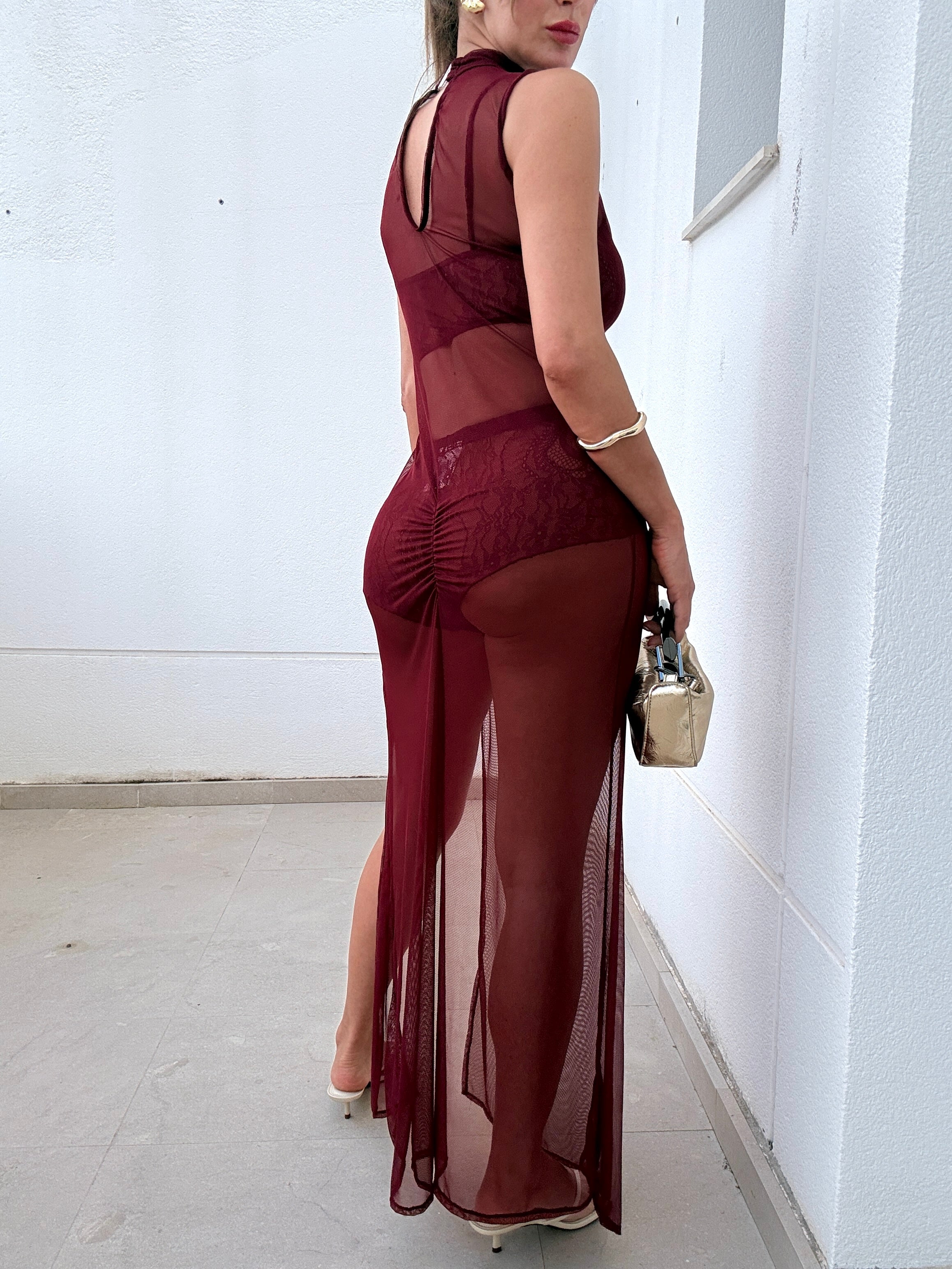High Neck Mesh Maxi Dress in Burgundy Boho Rose Collection High Neck Mesh Maxi Dress in Burgundy Boho Rose Collection