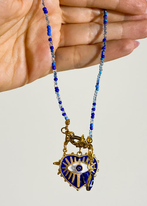 Blue Glass Beaded Charm Necklace