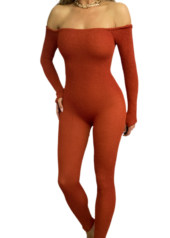 Bardot Catsuit in Terracotta Crinkle