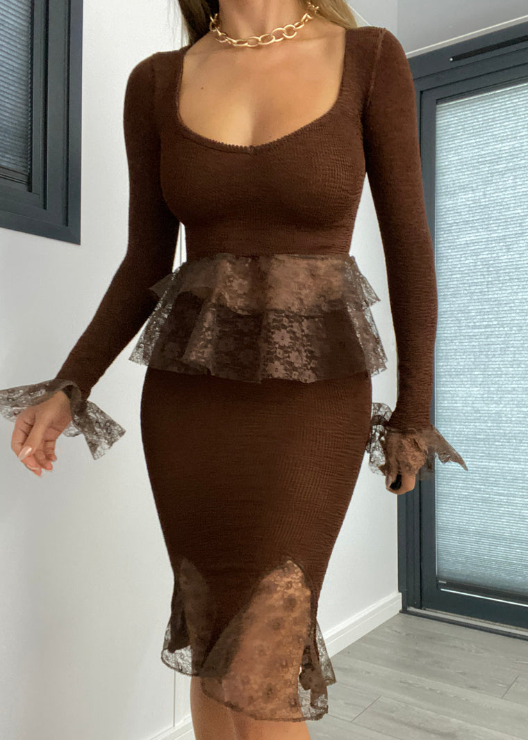 Lace Peplum Midi Long Sleeve Top in Chocolate Brown