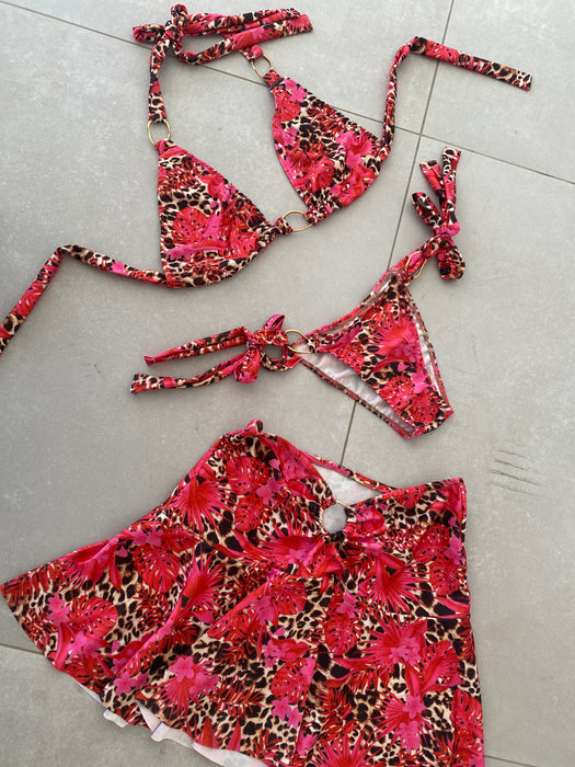 Bikini & Flippy Skirt Set in 90s Leopard Floral Print