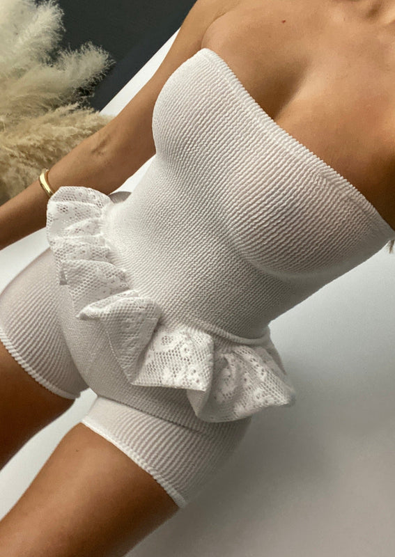 Peplum Bubble Hem Bandeau Co-Ord in White Crinkle