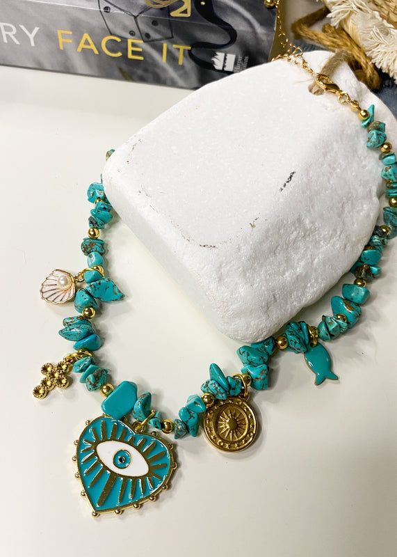 Turquoise Nugget Chain Charm Necklace