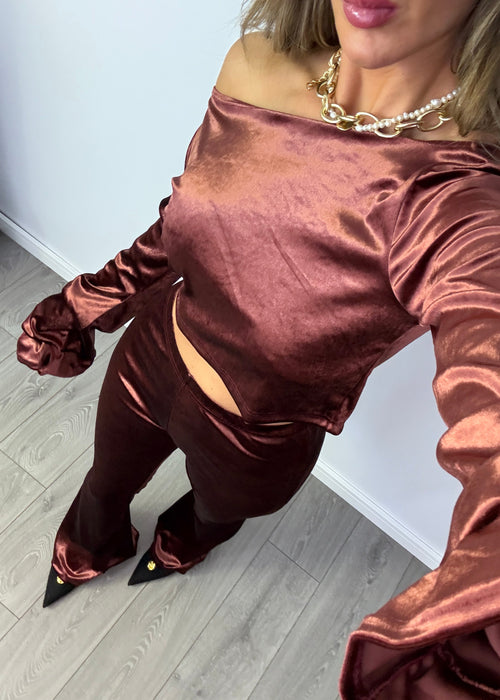 Flares & Frill Cuff Top Co-Ord in Wine Velvet