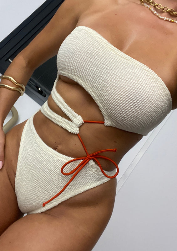 Strapless Drawstring Cut Out Onepiece in Coconut Cream / Terracotta