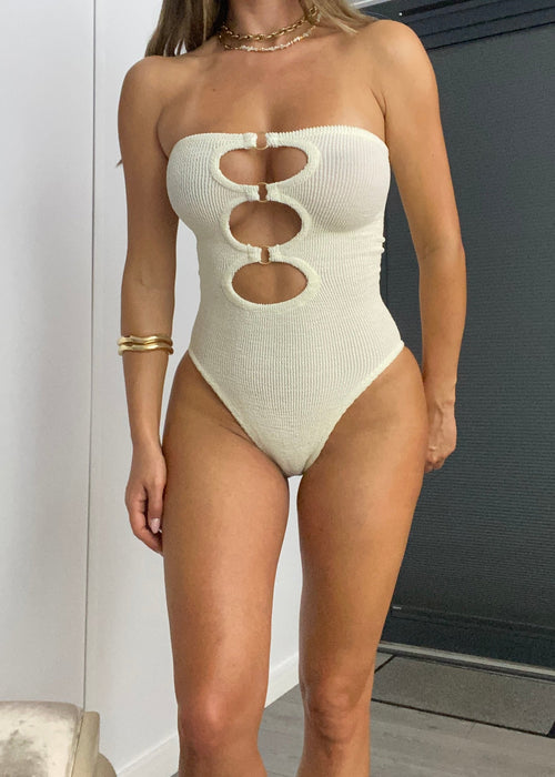 Crinkle Cut Outs Strapless Onepiece in Coconut Cream