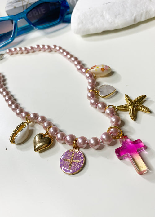 Pearl Charm Necklace in Pink & Gold