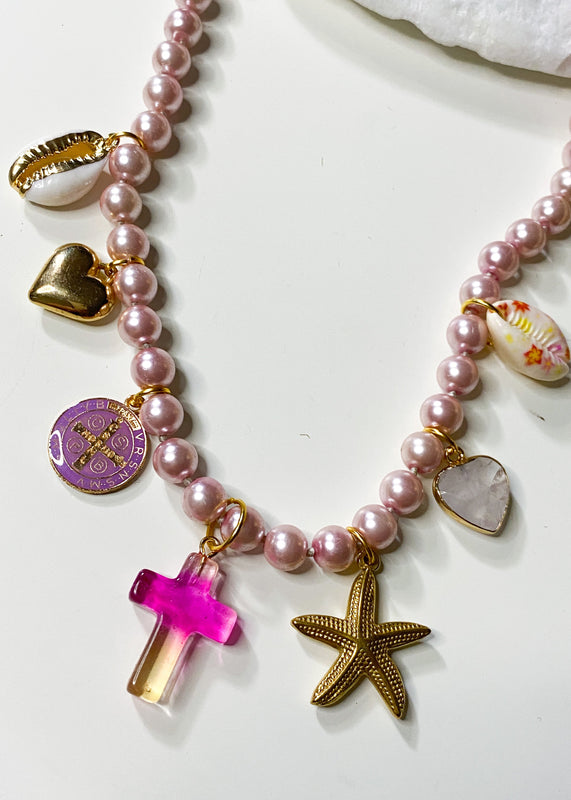 Pearl Charm Necklace in Pink & Gold