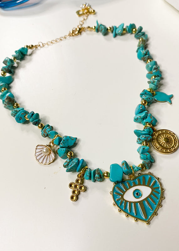 Turquoise Nugget Chain Charm Necklace