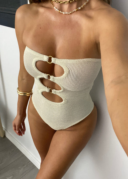 Crinkle Cut Outs Strapless Onepiece in Coconut Cream