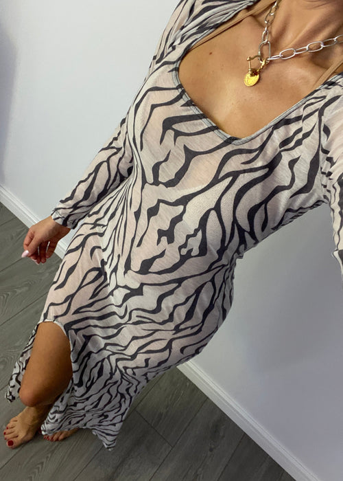 Long Sleeve Split Fishtail Maxi Dress in Zebra