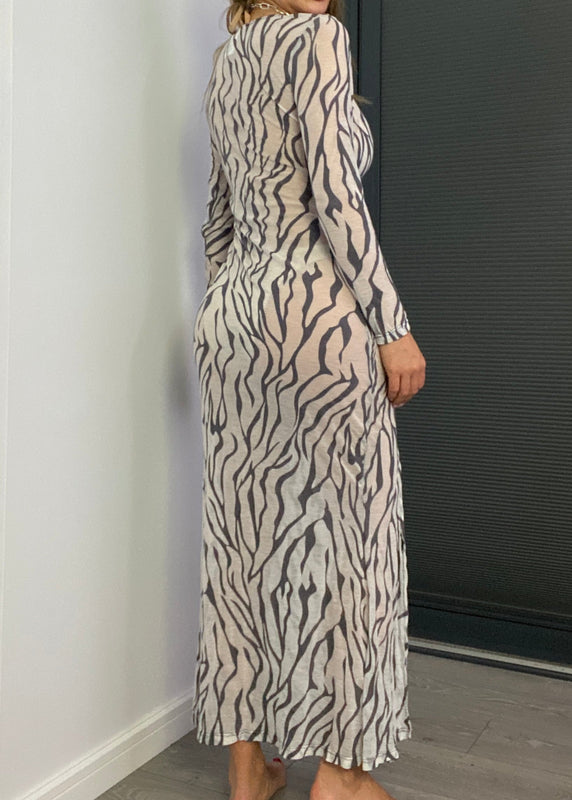 Long Sleeve Split Fishtail Maxi Dress in Zebra