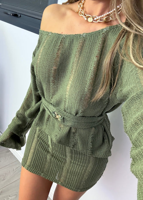 Belted Jumper & Mini Co-Ord Khaki Knit