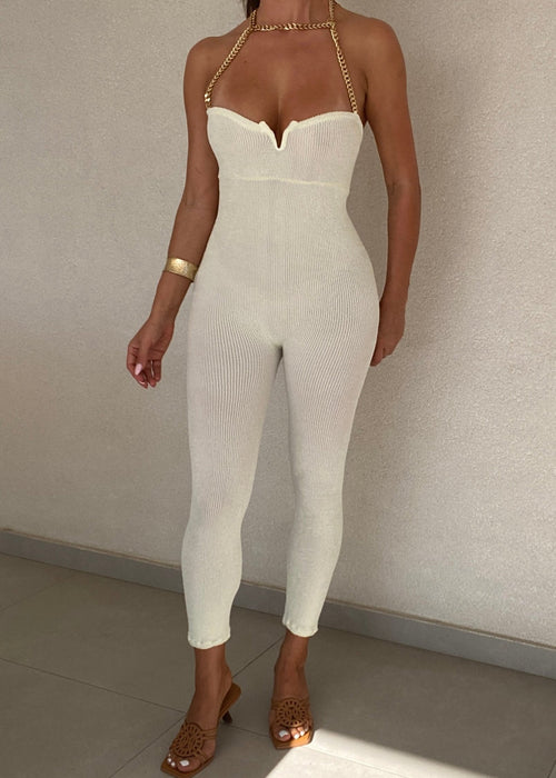 Chain Strap Skinny Jumpsuit Cream Crinkle