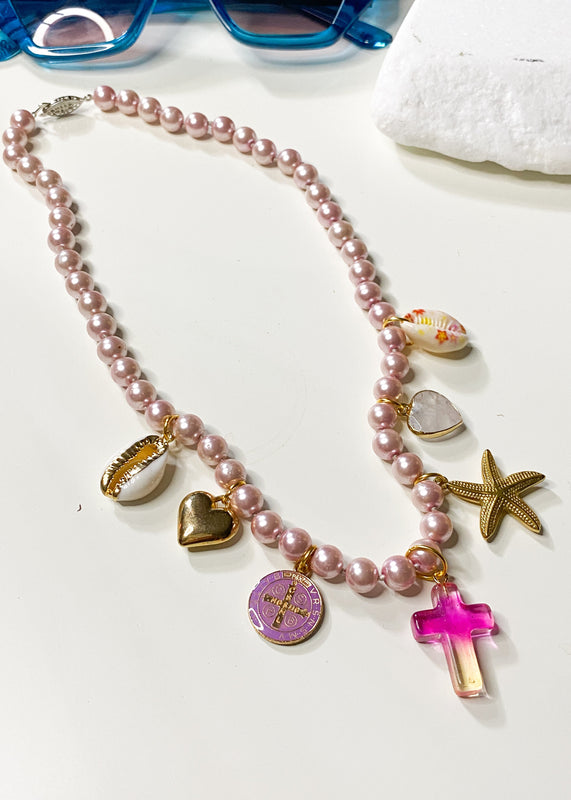 Pearl Charm Necklace in Pink & Gold