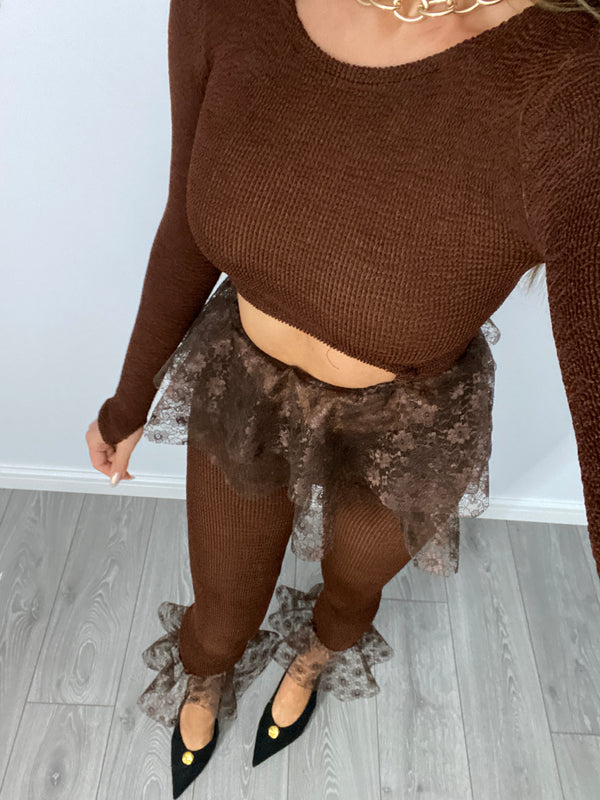 Lace Ankle Capri Leggings in Chocolate Brown