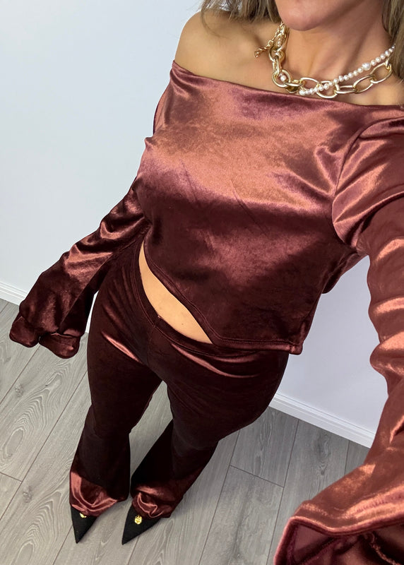 Flares & Frill Cuff Top Co-Ord in Wine Velvet