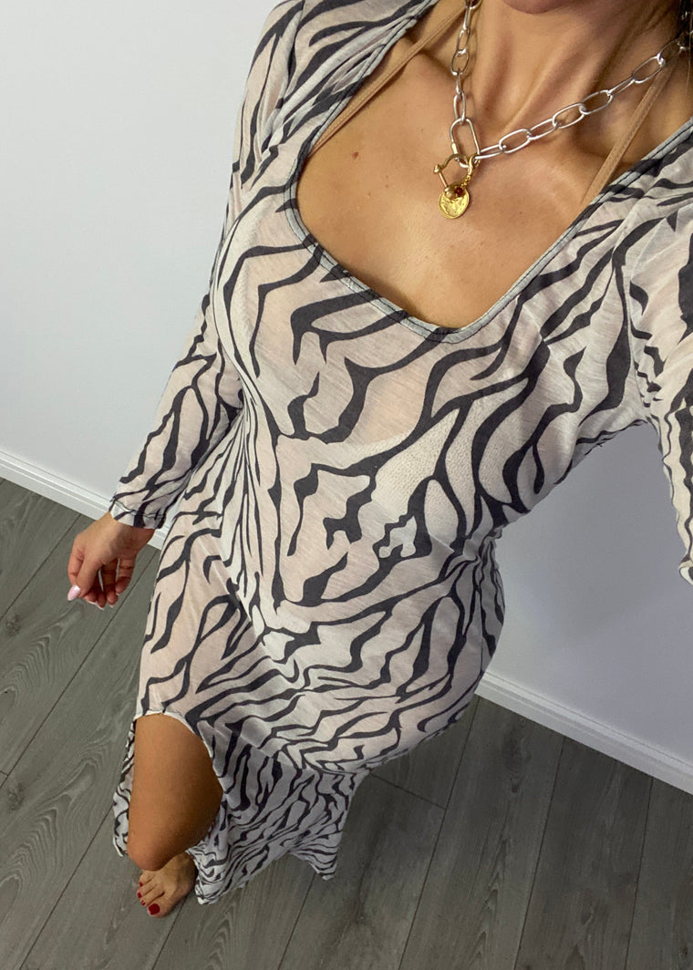 Long Sleeve Split Fishtail Maxi Dress in Zebra