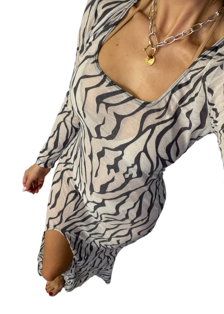 Long Sleeve Split Fishtail Maxi Dress in Zebra