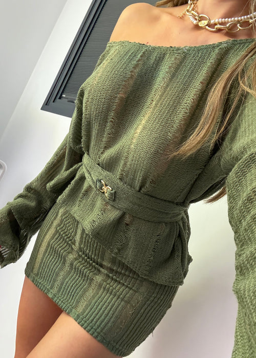 Belted Jumper & Mini Co-Ord Khaki Knit