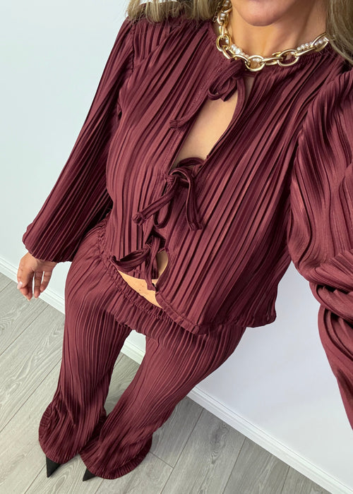 Tie Up Blouse & Trousers Set Burgundy Plisse