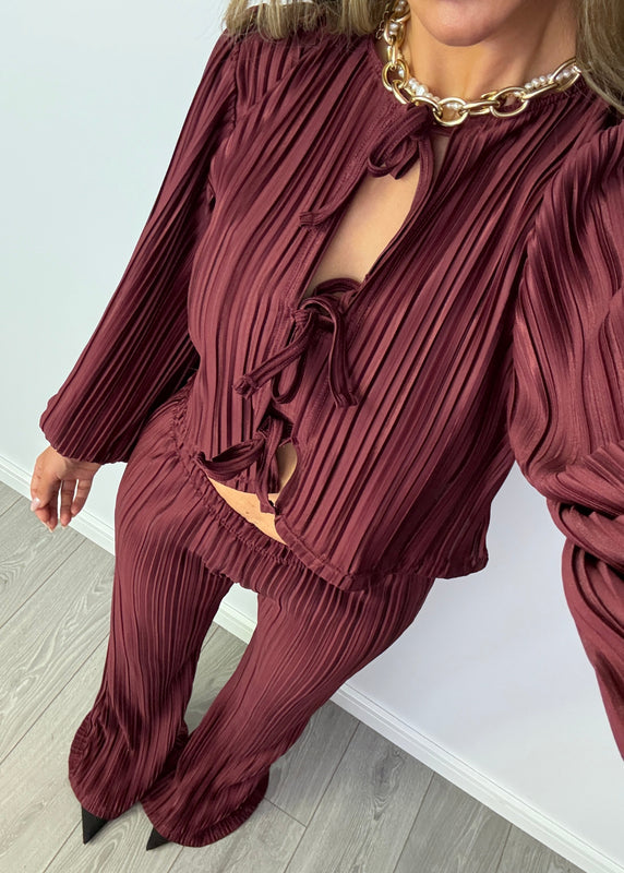 Tie Up Blouse & Trousers Set Burgundy Plisse