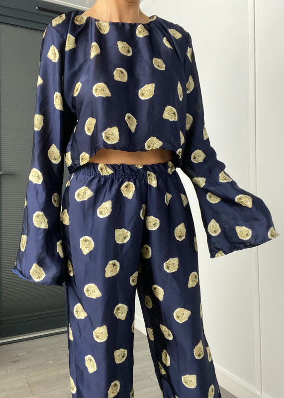 Navy Lion Satin PJ Suit