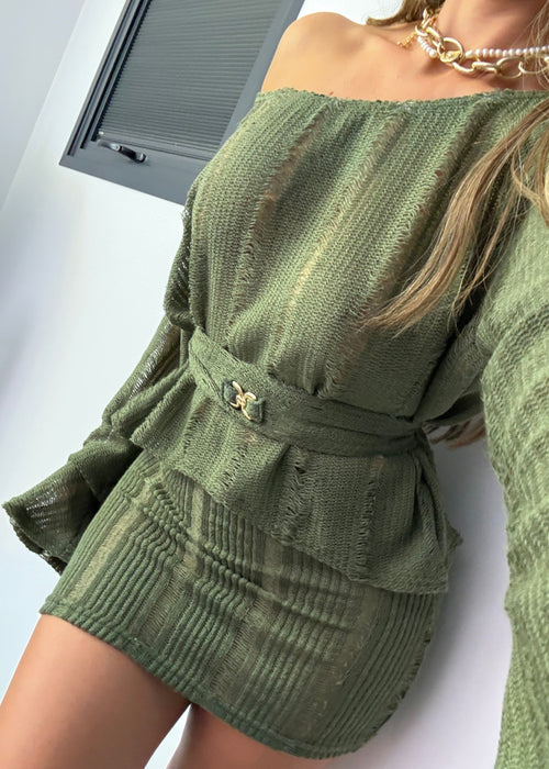 Belted Jumper & Mini Co-Ord Khaki Knit