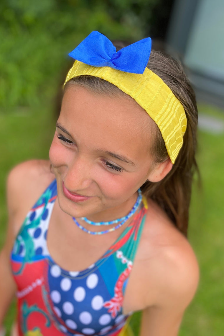 Rib Lycra Bow Headband in Yellow & Blue