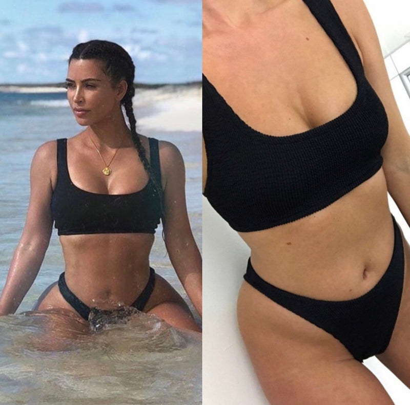 Black Crinkle Mini Crop Bikini