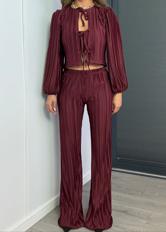 Tie Up Blouse & Trousers Set Burgundy Plisse