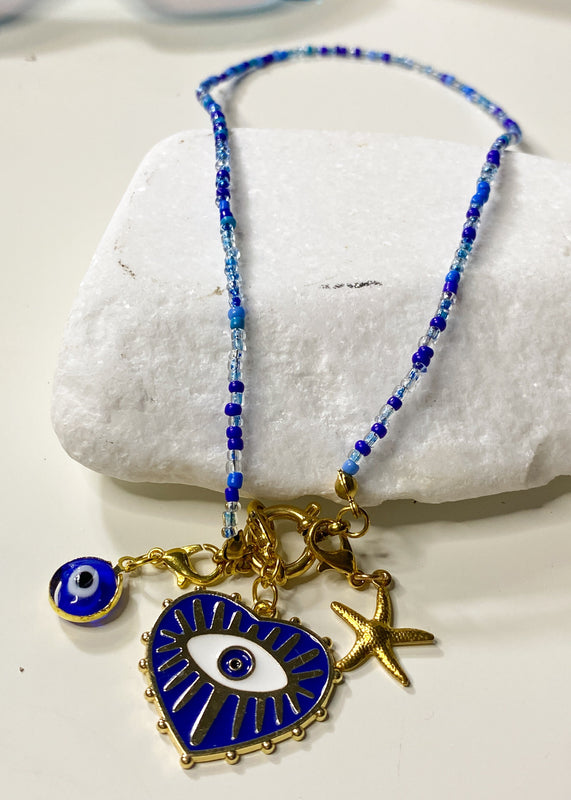 Blue Glass Beaded Charm Necklace