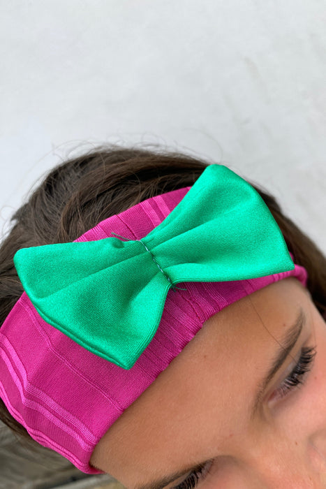 Diadema con lazo de licra acanalada en fucsia y verde