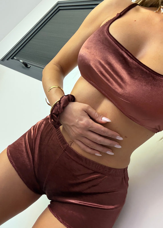 Mini Shorts & Cami Set in Wine Velvet