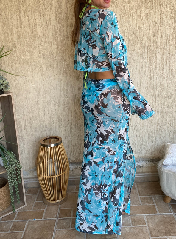 3 Piece Maxi Skirt Co-Ord in Floral Mesh