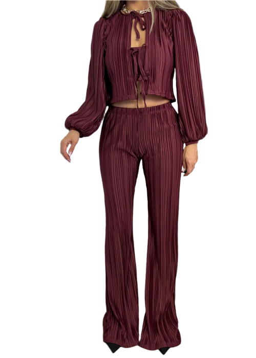 Tie Up Blouse & Trousers Set Burgundy Plisse