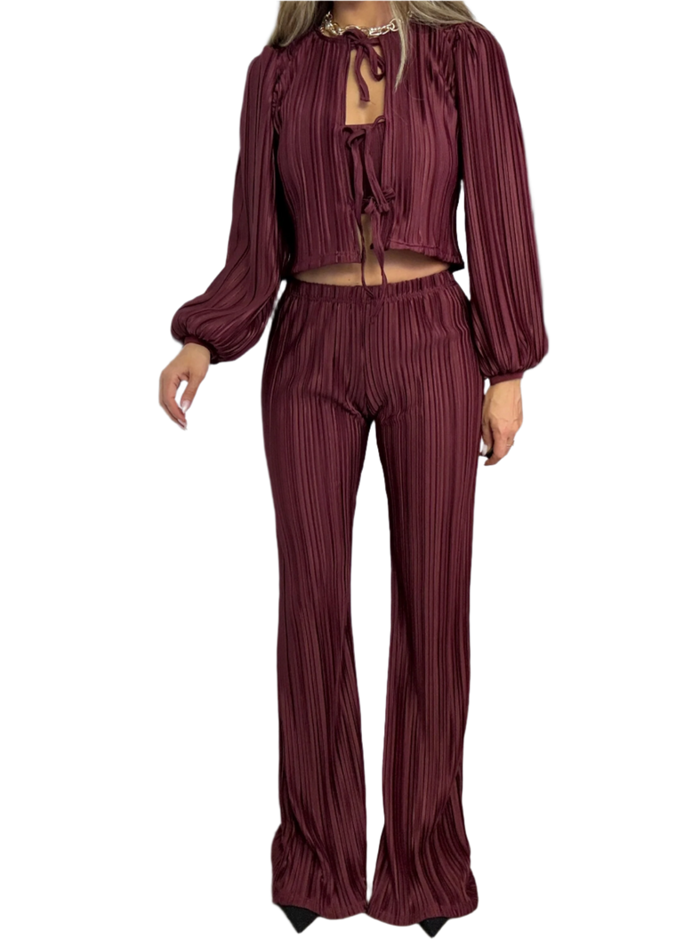 Tie Up Blouse & Trousers Set Burgundy Plisse