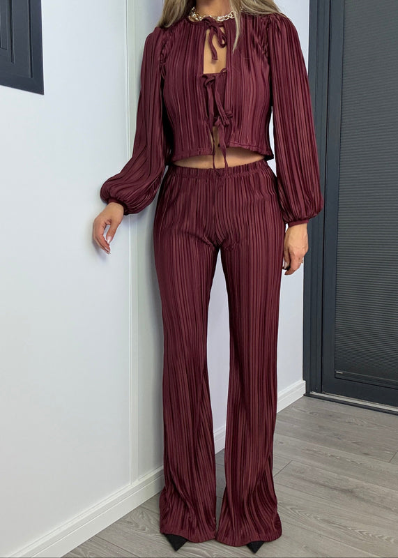 Tie Up Blouse & Trousers Set Burgundy Plisse