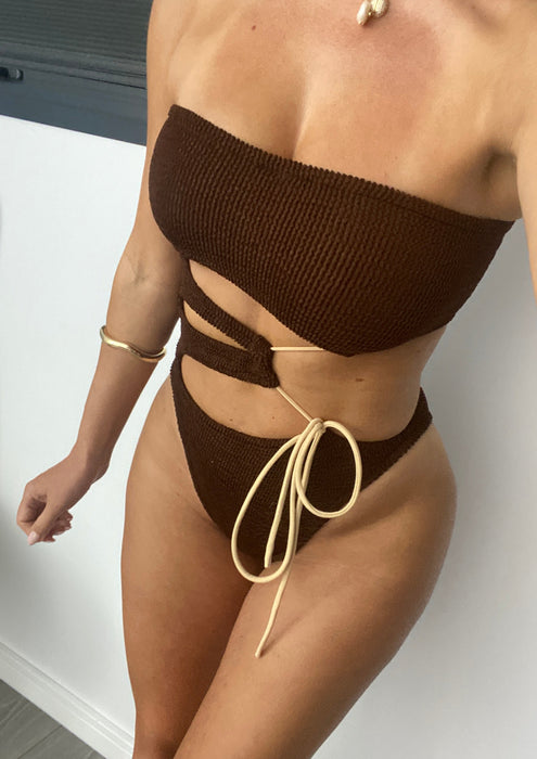 Strapless Cut Out Contrast Tie Onepiece in Chocolate Brown & Nude