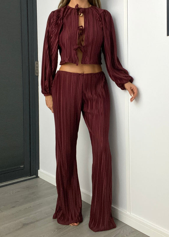 Tie Front Blouse & Trousers in Burgundy Plisse