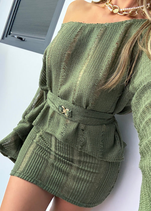 Belted Jumper & Mini Co-Ord Khaki Knit