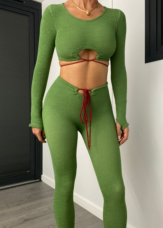 Strappy Ties Crop Top & Leggings Set Palm Green & Burgundy