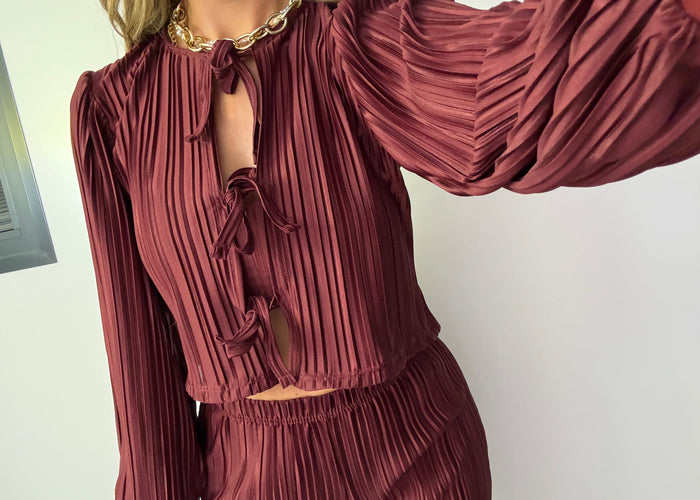 Tie Up Blouse & Trousers Set Burgundy Plisse