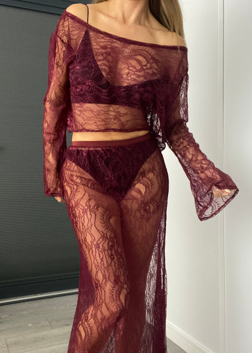 Lace Maxi Skirt Co-Ord in Burgundy