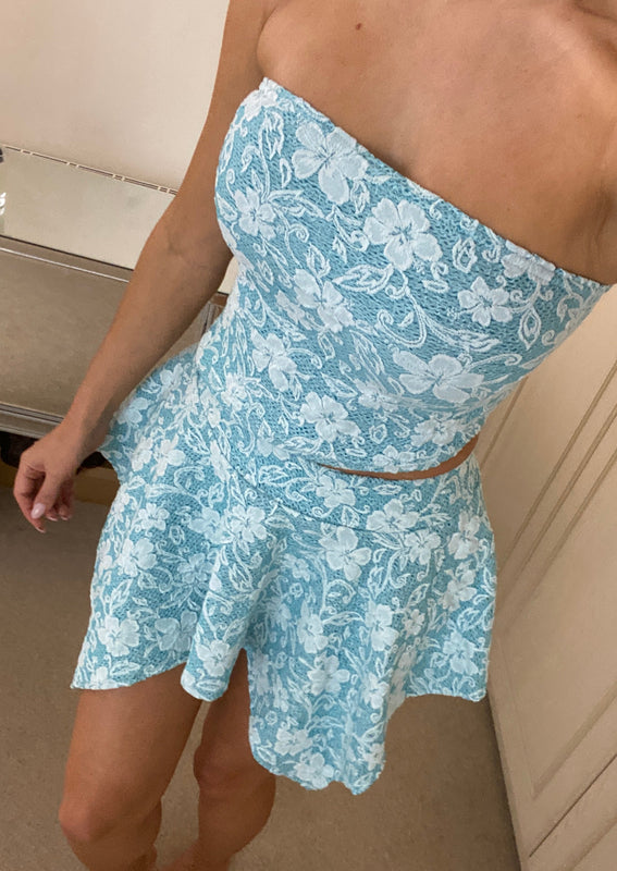 Hanky Hem Bandeau Co-Ord in Sky Blue Textured Lace Knit