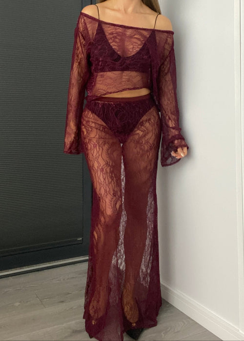 Lace Maxi Skirt Co-Ord in Burgundy