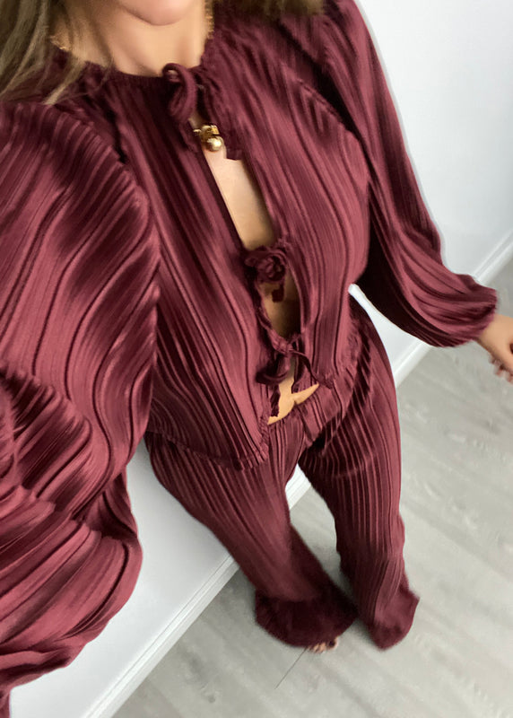 Tie Front Blouse & Trousers in Burgundy Plisse