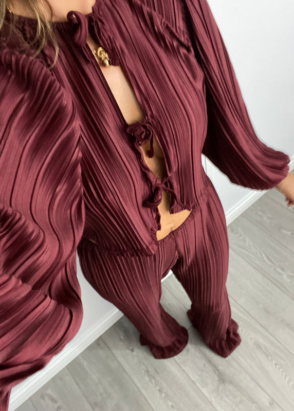 Tie Front Blouse & Trousers in Burgundy Plisse