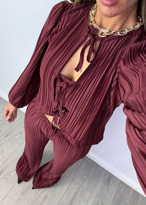 Tie Up Blouse & Trousers Set Burgundy Plisse