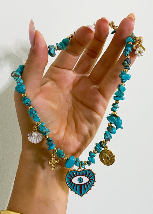 Turquoise Nugget Chain Charm Necklace